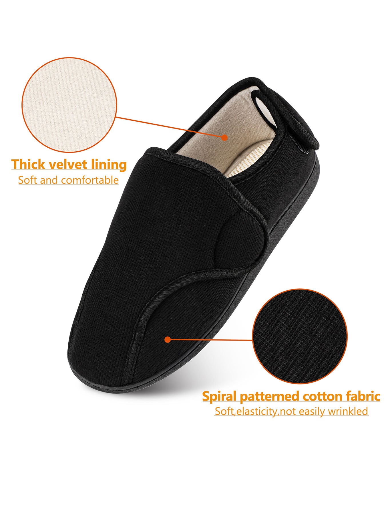 TIESTRA Wide Opening House Shoes Black Adjustable Indoor Shoes with Memory Foam