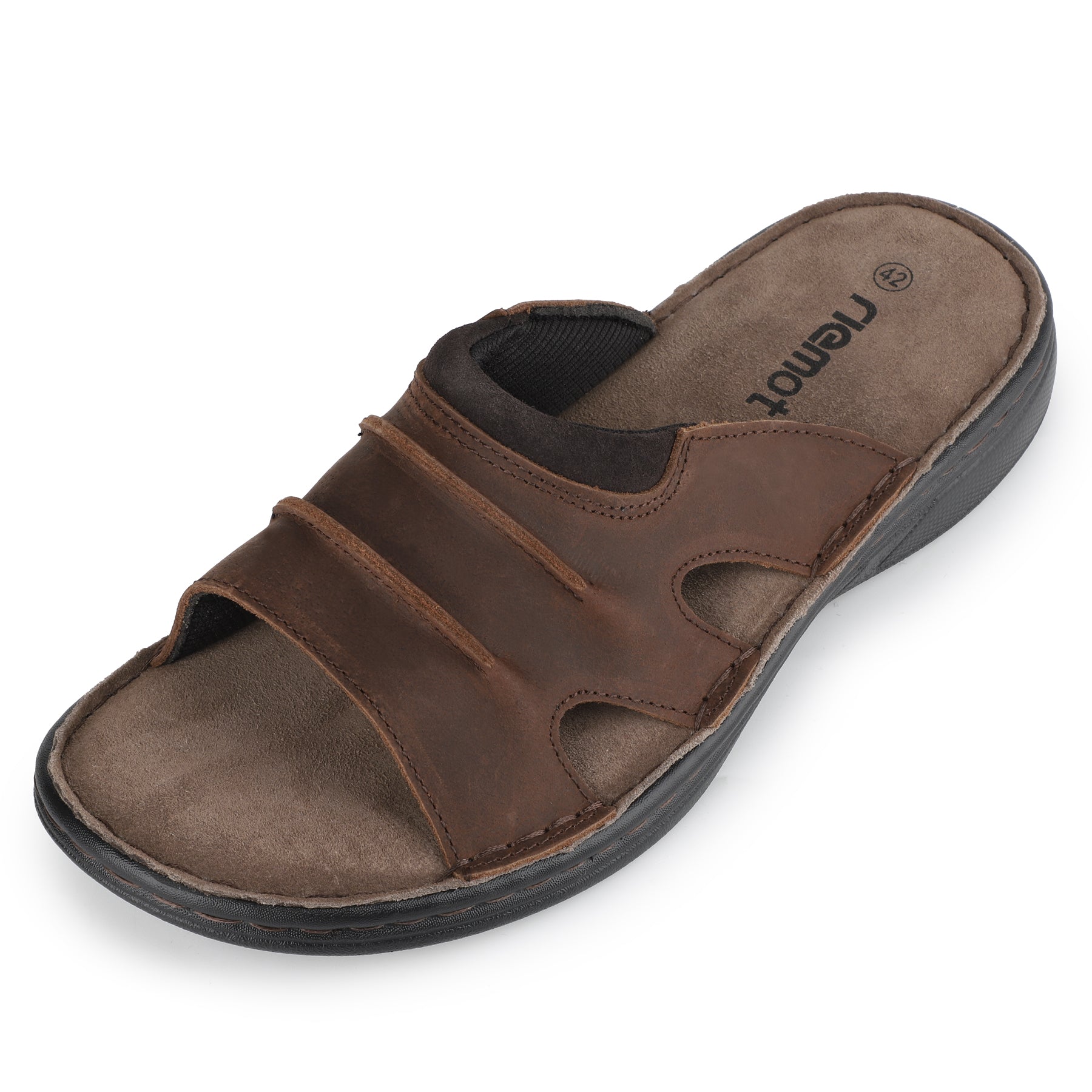 riemot Men's Slide Sandals Brown Leather Look Summer Slides with Contoured Footbed