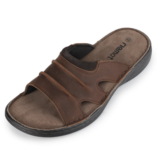 riemot Men's Slide Sandals Brown Leather Look Summer Slides with Contoured Footbed