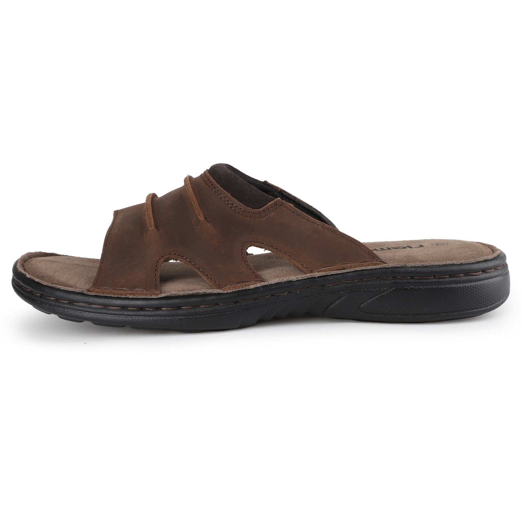 riemot Men's Slide Sandals Brown Leather Look Summer Slides with Contoured Footbed