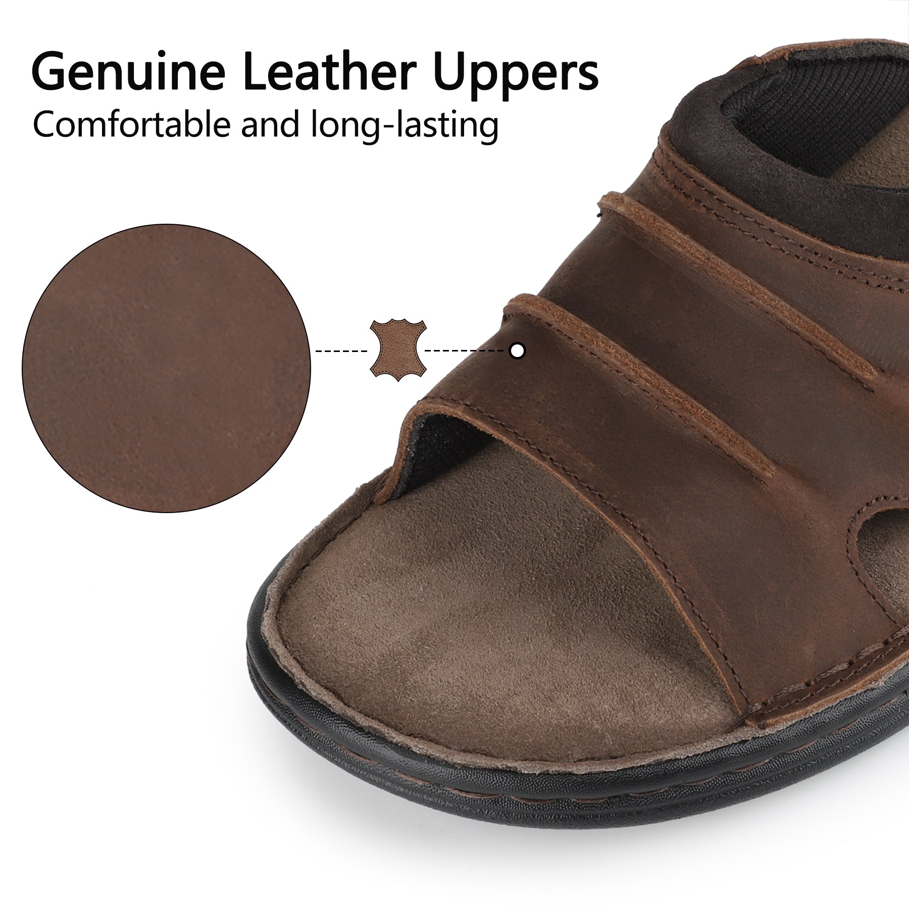riemot Men's Slide Sandals Brown Leather Look Summer Slides with Contoured Footbed