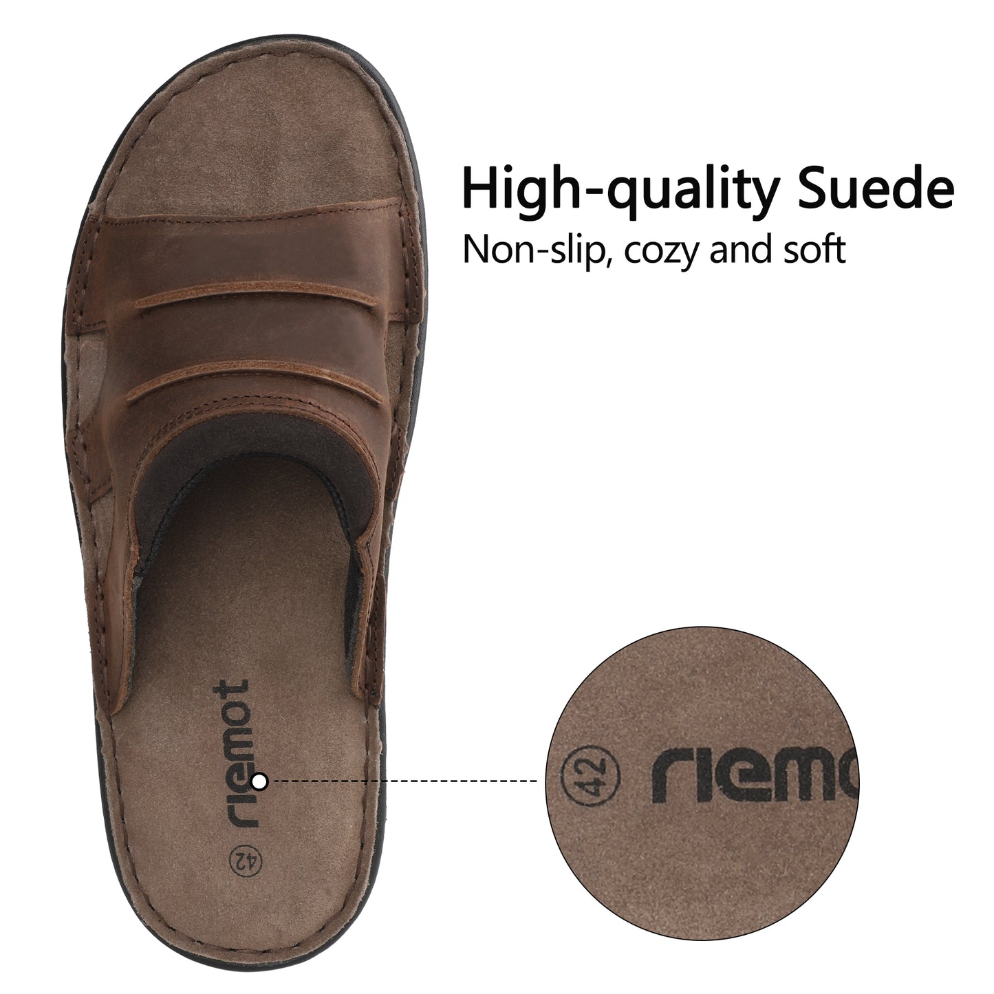 riemot Men's Slide Sandals Brown Leather Look Summer Slides with Contoured Footbed
