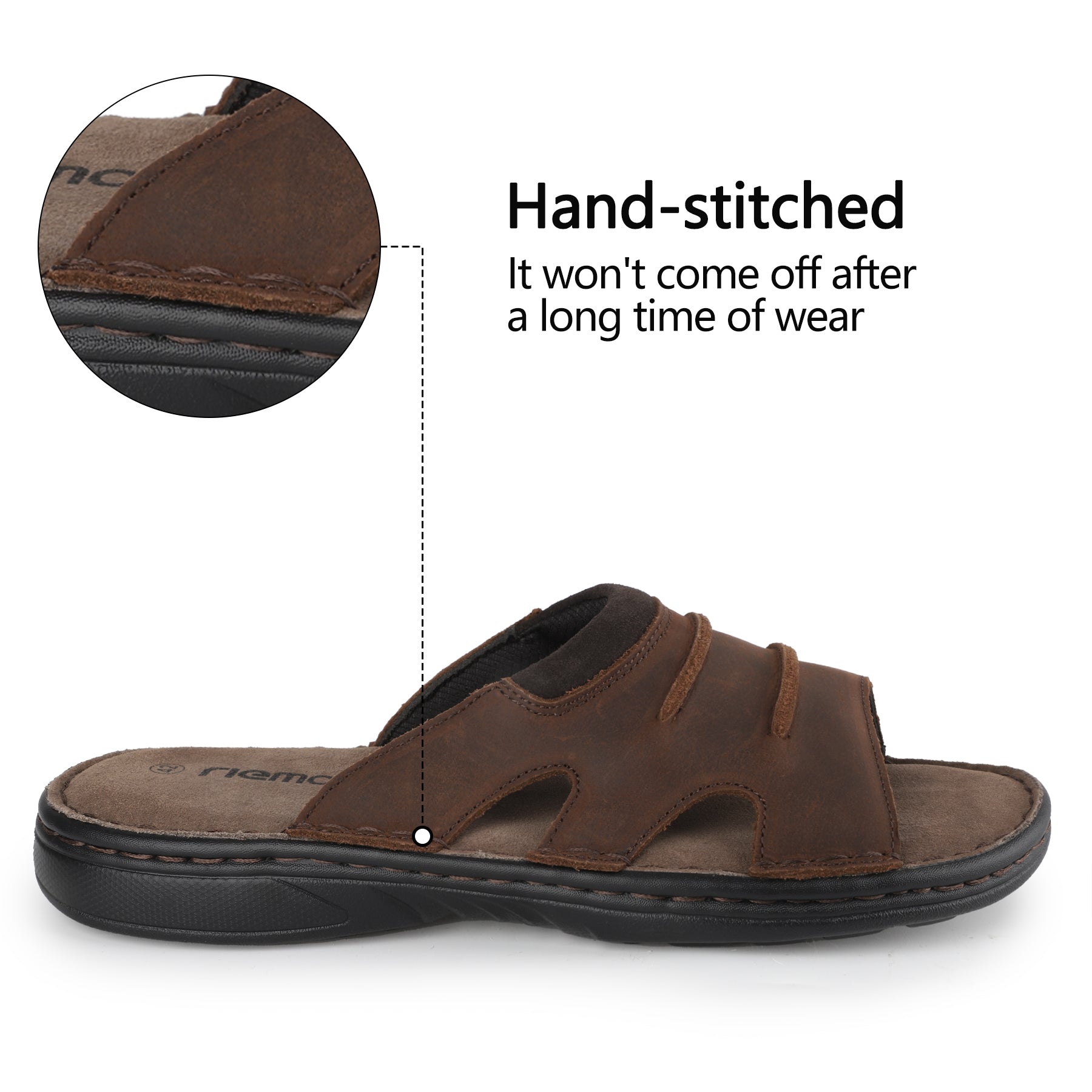 riemot Men's Slide Sandals Brown Leather Look Summer Slides with Contoured Footbed
