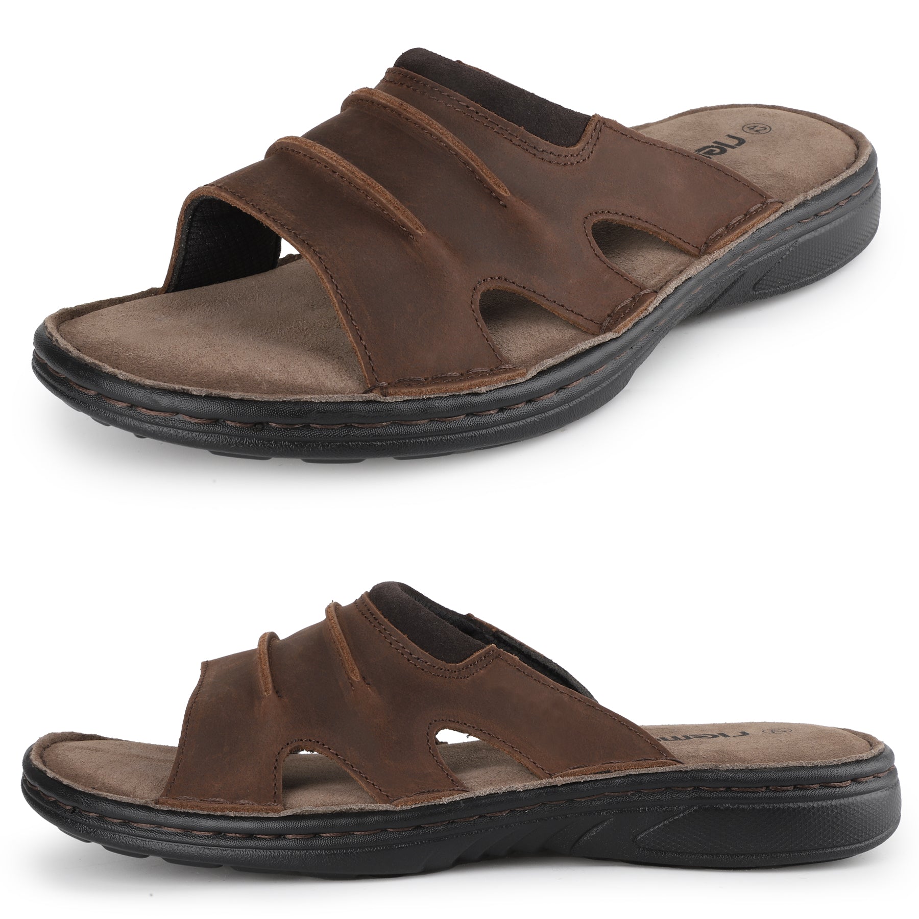 riemot Men's Slide Sandals Brown Leather Look Summer Slides with Contoured Footbed