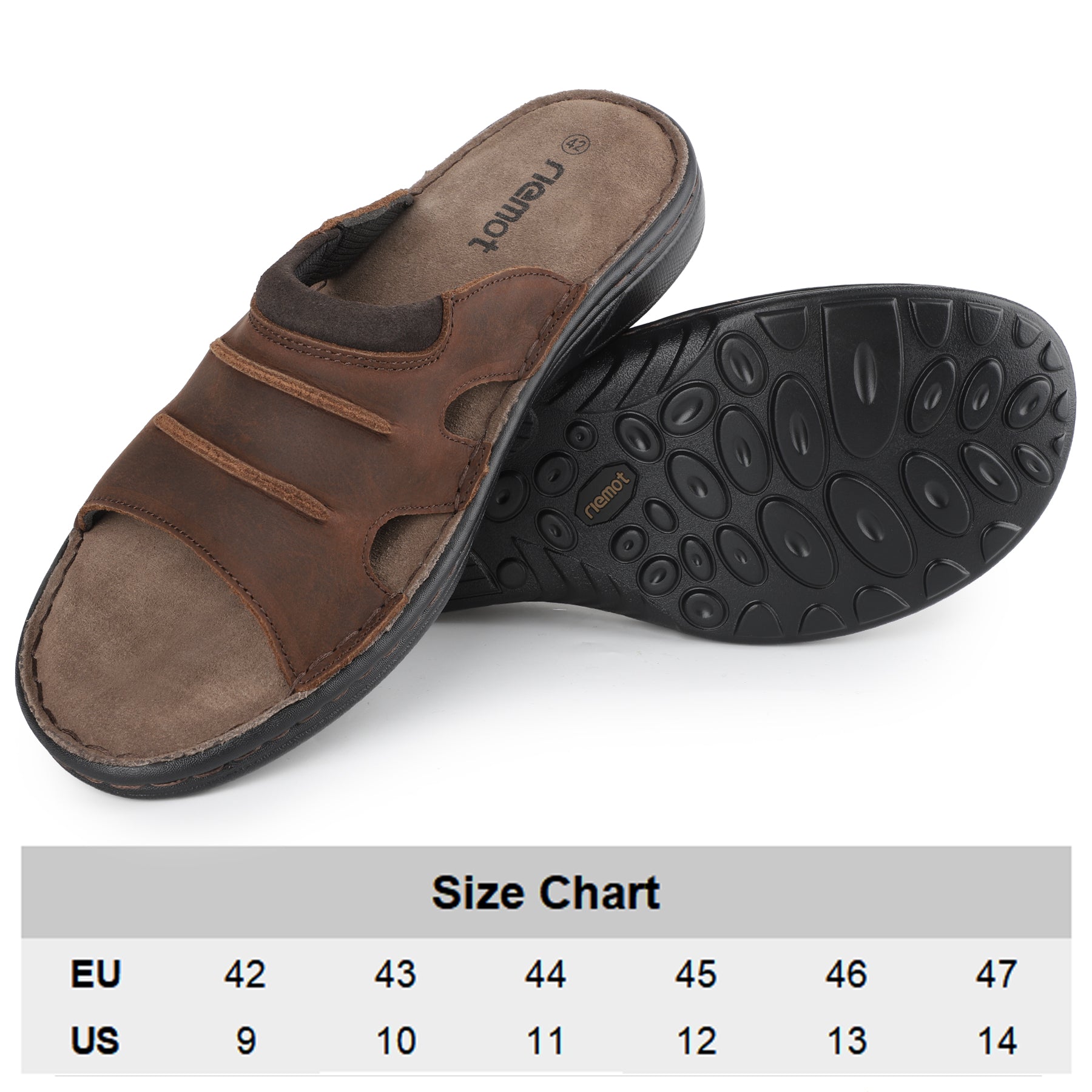 riemot Men's Slide Sandals Brown Leather Look Summer Slides with Contoured Footbed