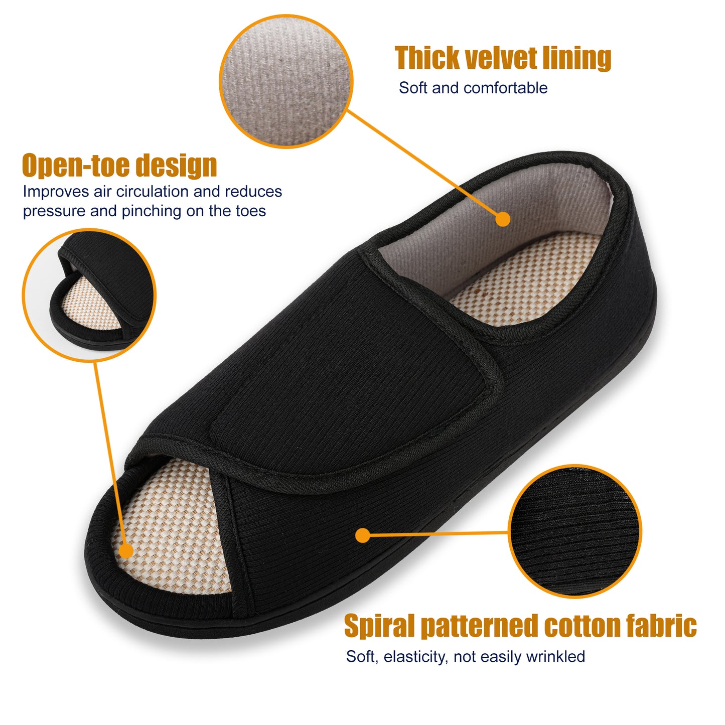TIESTRA Open Toe Adjustable Sandals Black Wide Strap Indoor Outdoor Sandals