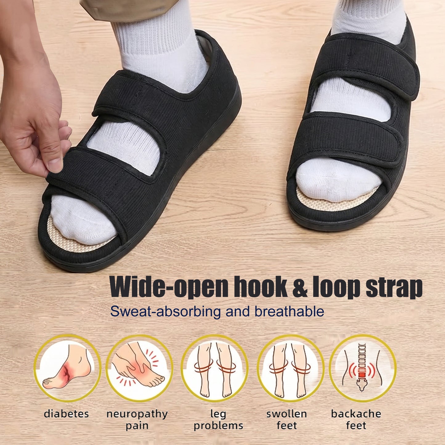 TIESTRA Open Toe Adjustable Sandals Black Two Strap Indoor Outdoor Sandals