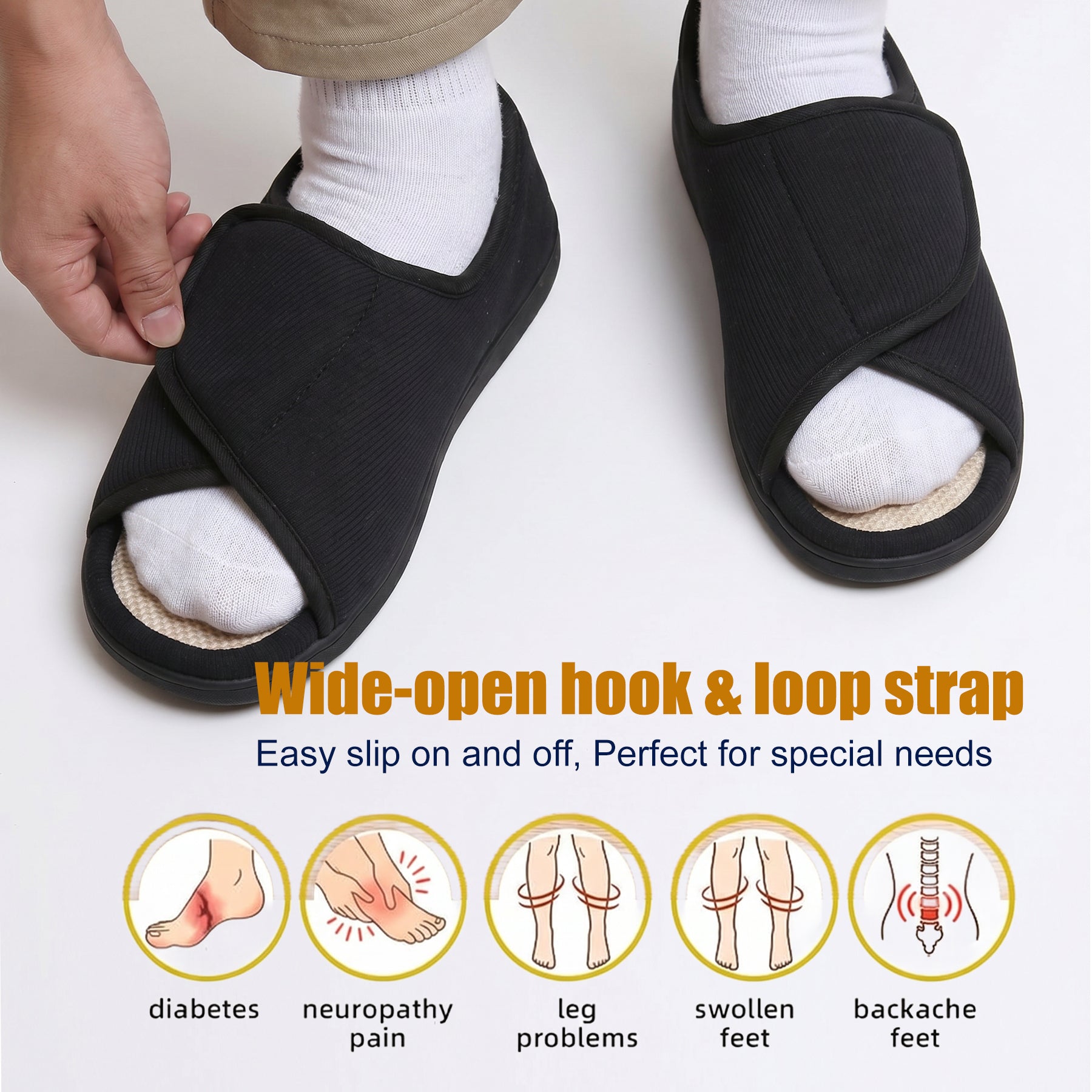 TIESTRA Open Toe Adjustable Sandals Black Wide Strap Indoor Outdoor Sandals