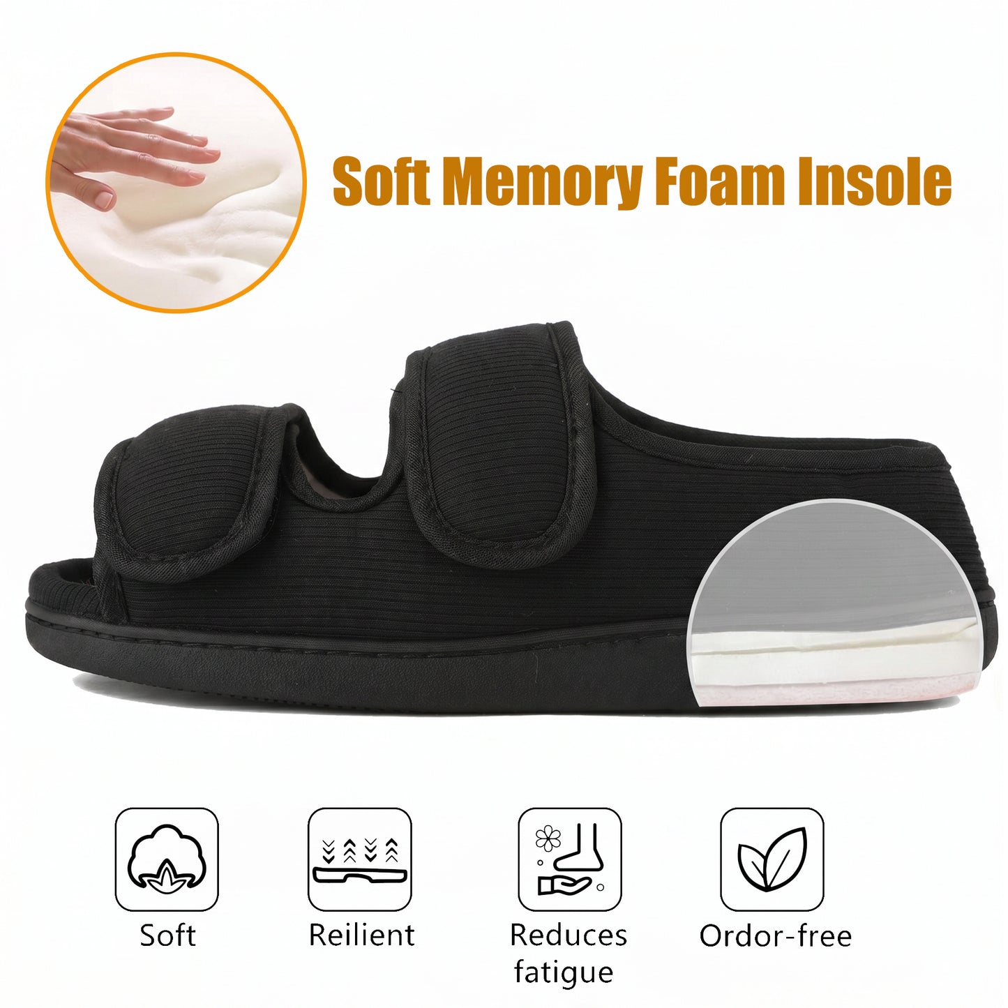 TIESTRA Open Toe Adjustable Sandals Black Two Strap Indoor Outdoor Sandals