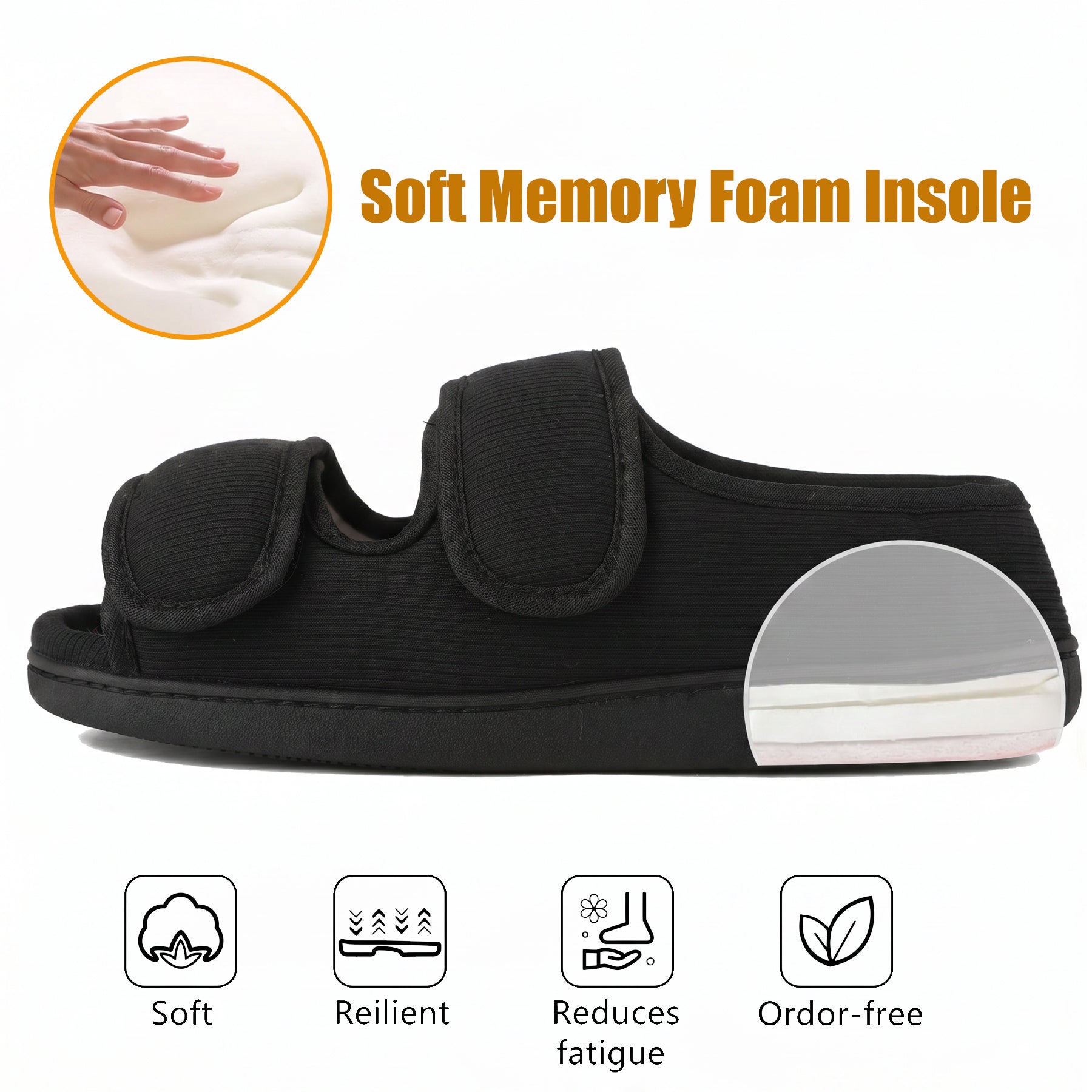 TIESTRA Open Toe Adjustable Sandals Black Two Strap Indoor Outdoor Sandals