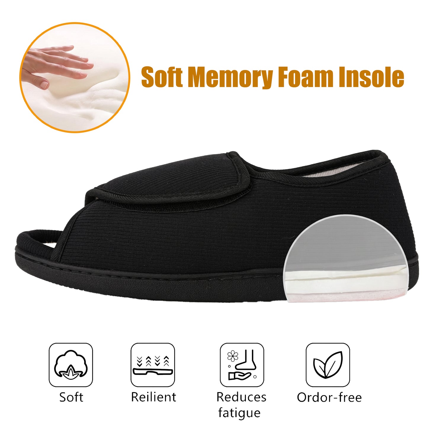 TIESTRA Open Toe Adjustable Sandals Black Wide Strap Indoor Outdoor Sandals