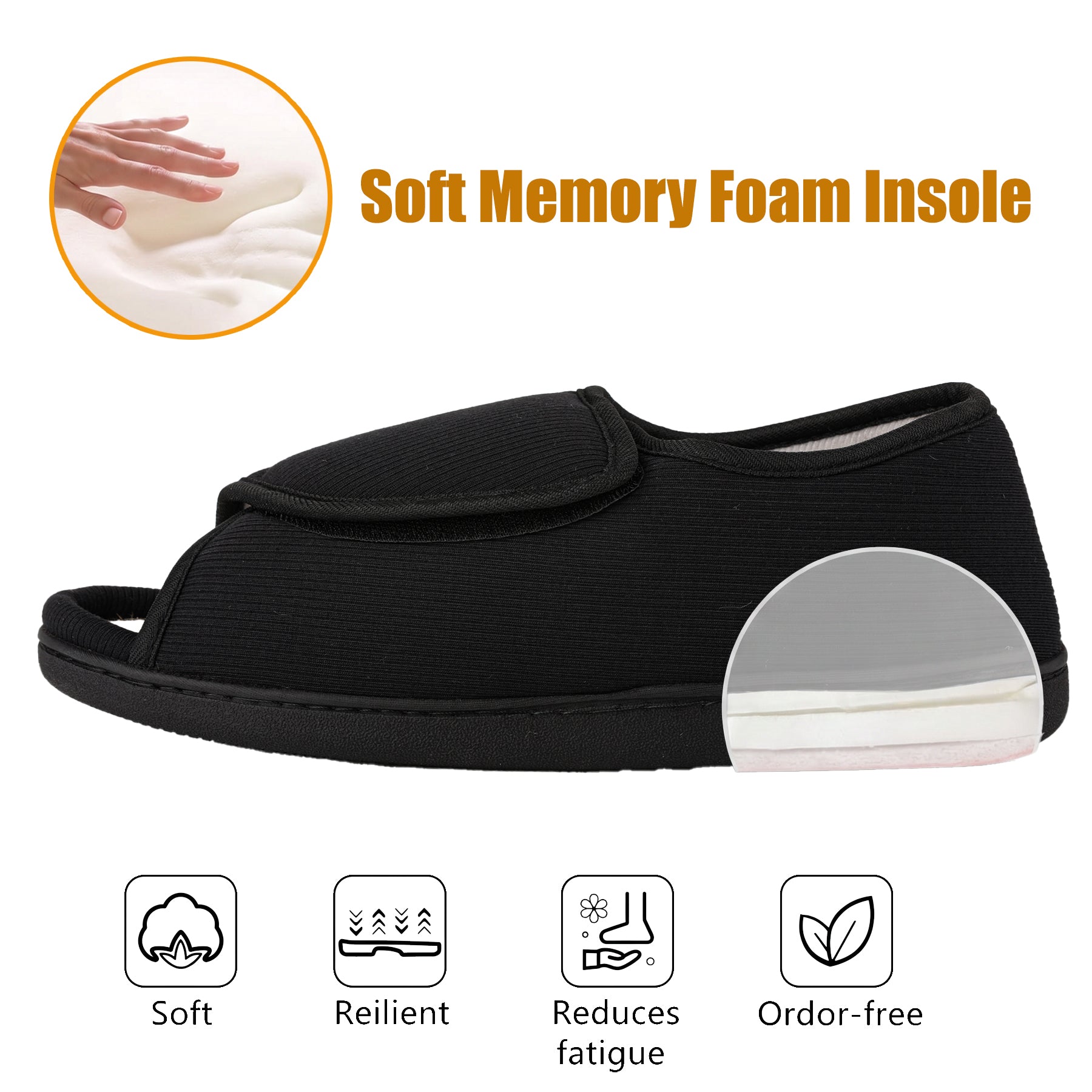 TIESTRA Open Toe Adjustable Sandals Black Wide Strap Indoor Outdoor Sandals
