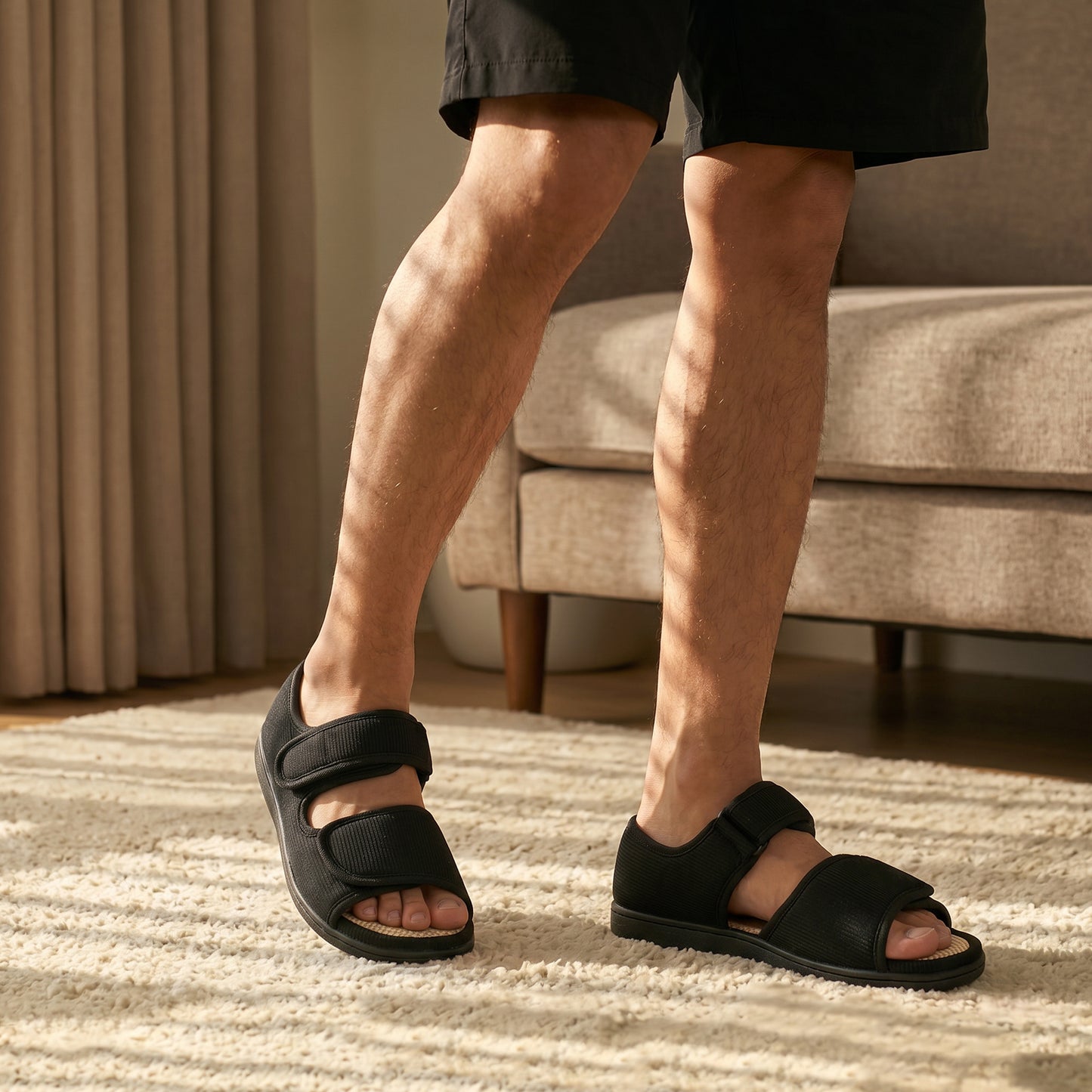 TIESTRA Open Toe Adjustable Sandals Black Two Strap Indoor Outdoor Sandals