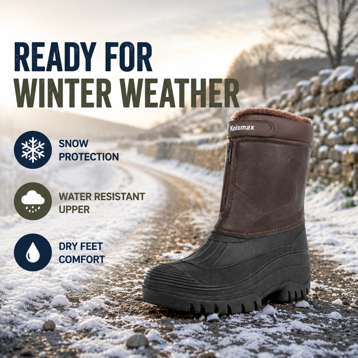 Knixmax Men's Snow Boots Brown Waterproof & Fur Lined Winter Boots