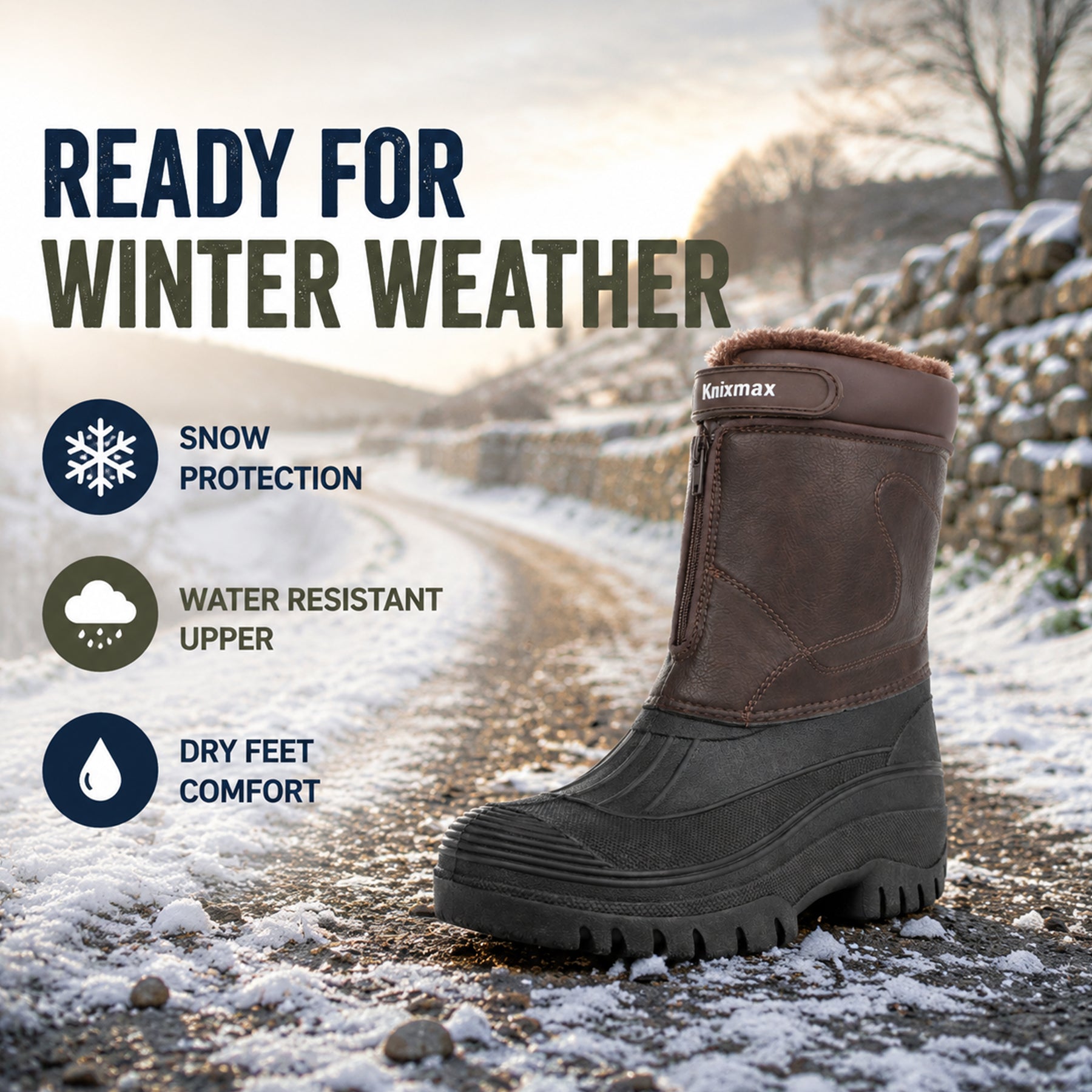 Knixmax Men's Snow Boots Brown Waterproof & Fur Lined Winter Boots