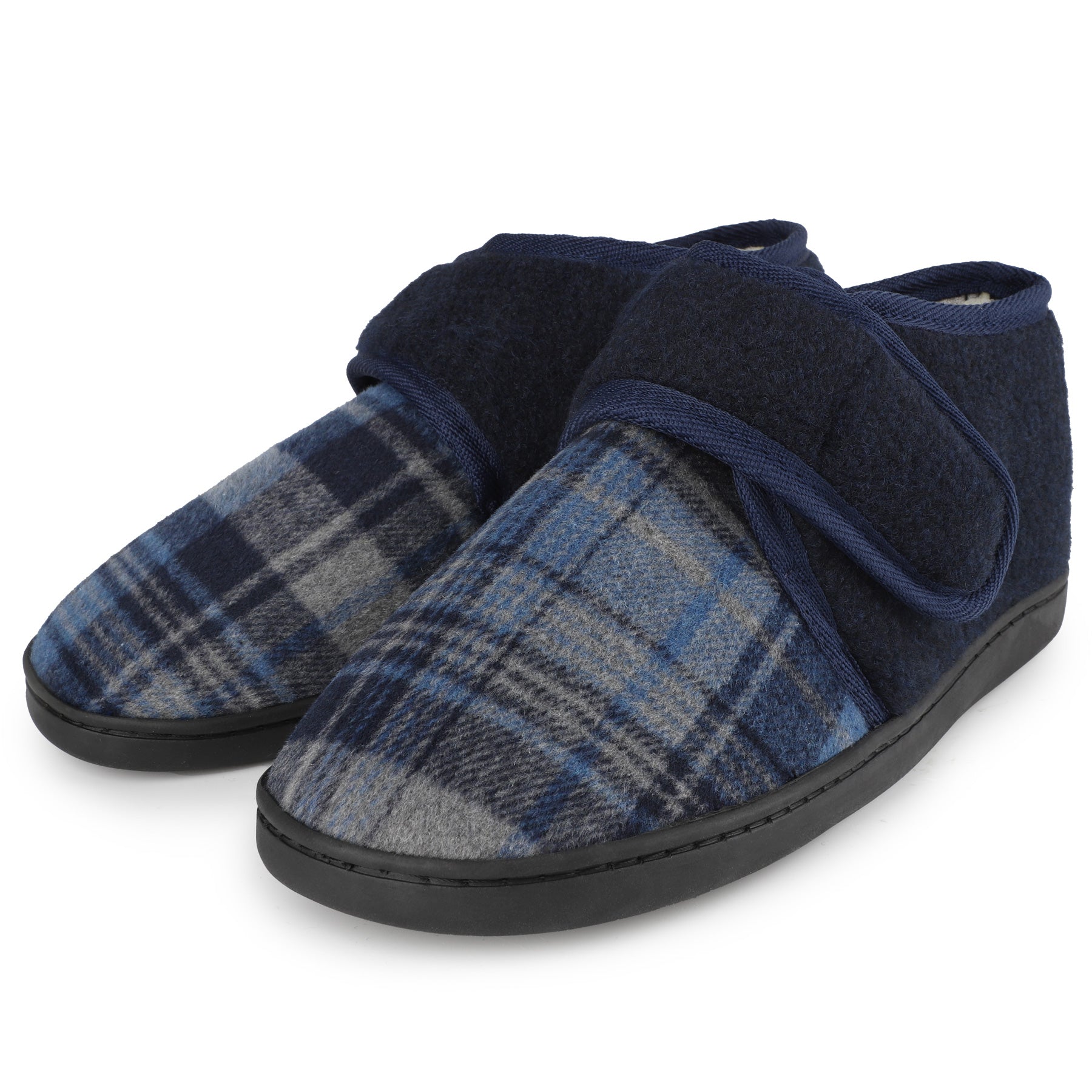 riemot Men's Wide Opening Slipper Boots Navy Check Warm House Slippers