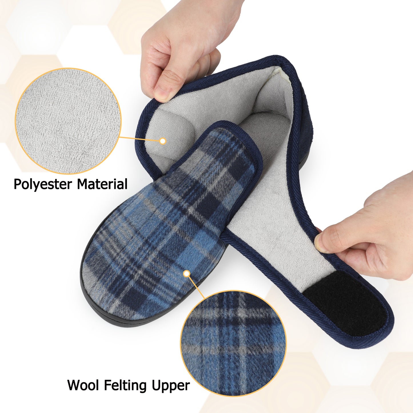riemot Men's Wide Opening Slipper Boots Navy Check Warm House Slippers