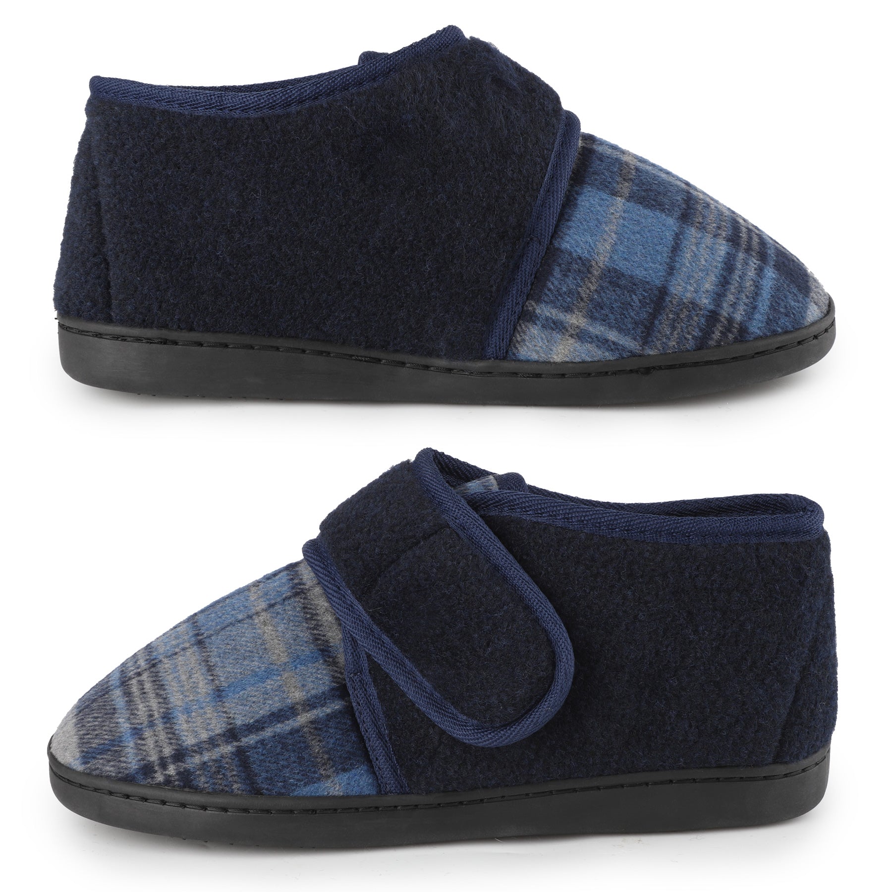 riemot Men's Wide Opening Slipper Boots Navy Check Warm House Slippers