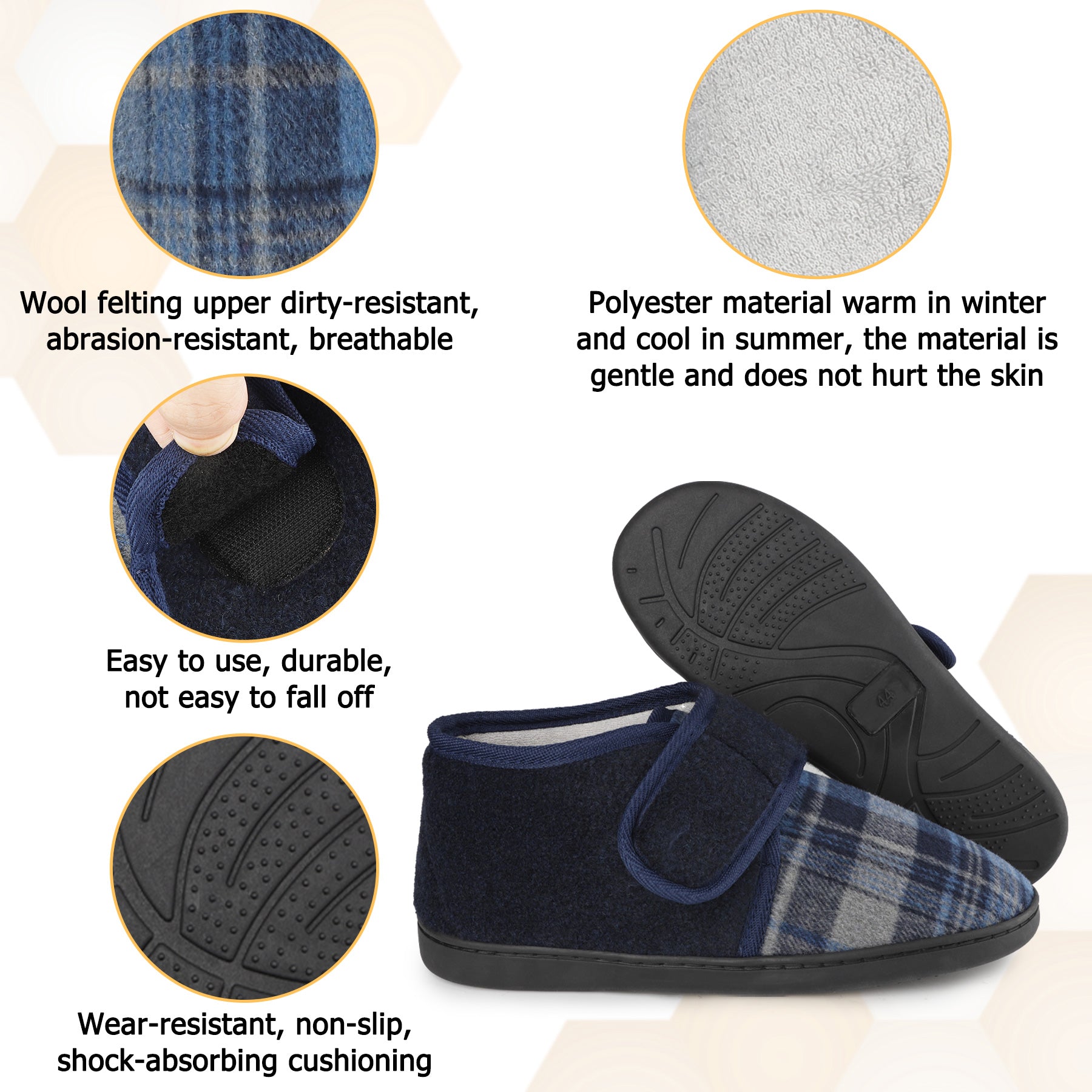 riemot Men's Wide Opening Slipper Boots Navy Check Warm House Slippers