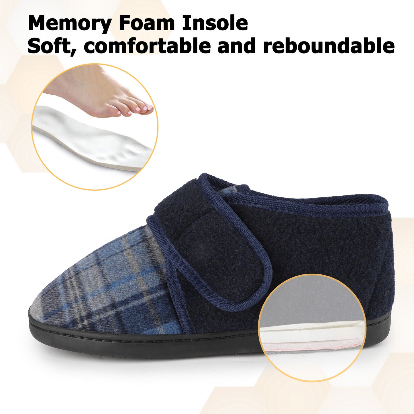 riemot Men's Wide Opening Slipper Boots Navy Check Warm House Slippers