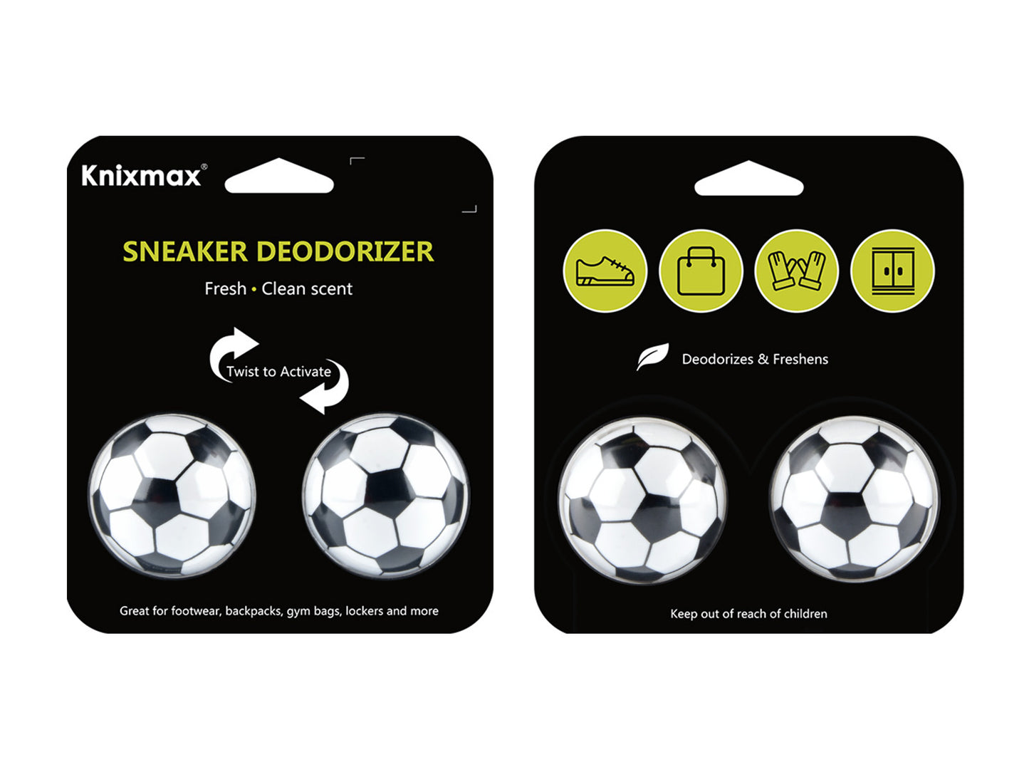 Knixmax Shoe Deodorant Balls Air Fresheners Odour Eliminator for Footwear Backpacks Gym Bag Lockers 2 Balls Set - Soccer/Jasmine Scent