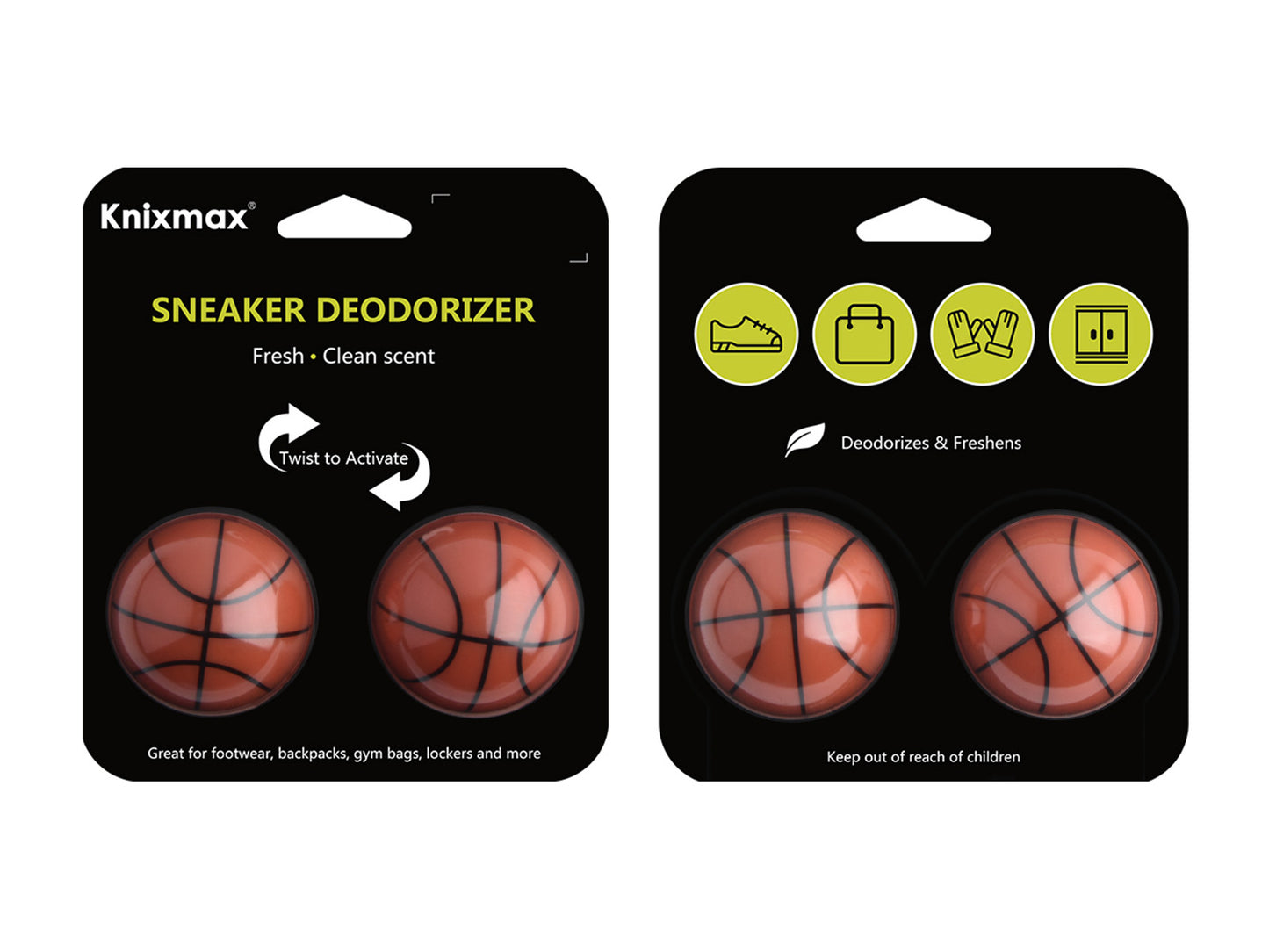 Knixmax Shoe Deodorant Balls Air Fresheners Odour Eliminator for Footwear Backpacks Gym Bag Lockers 2 Balls Set - Basketball/Cologne Scent