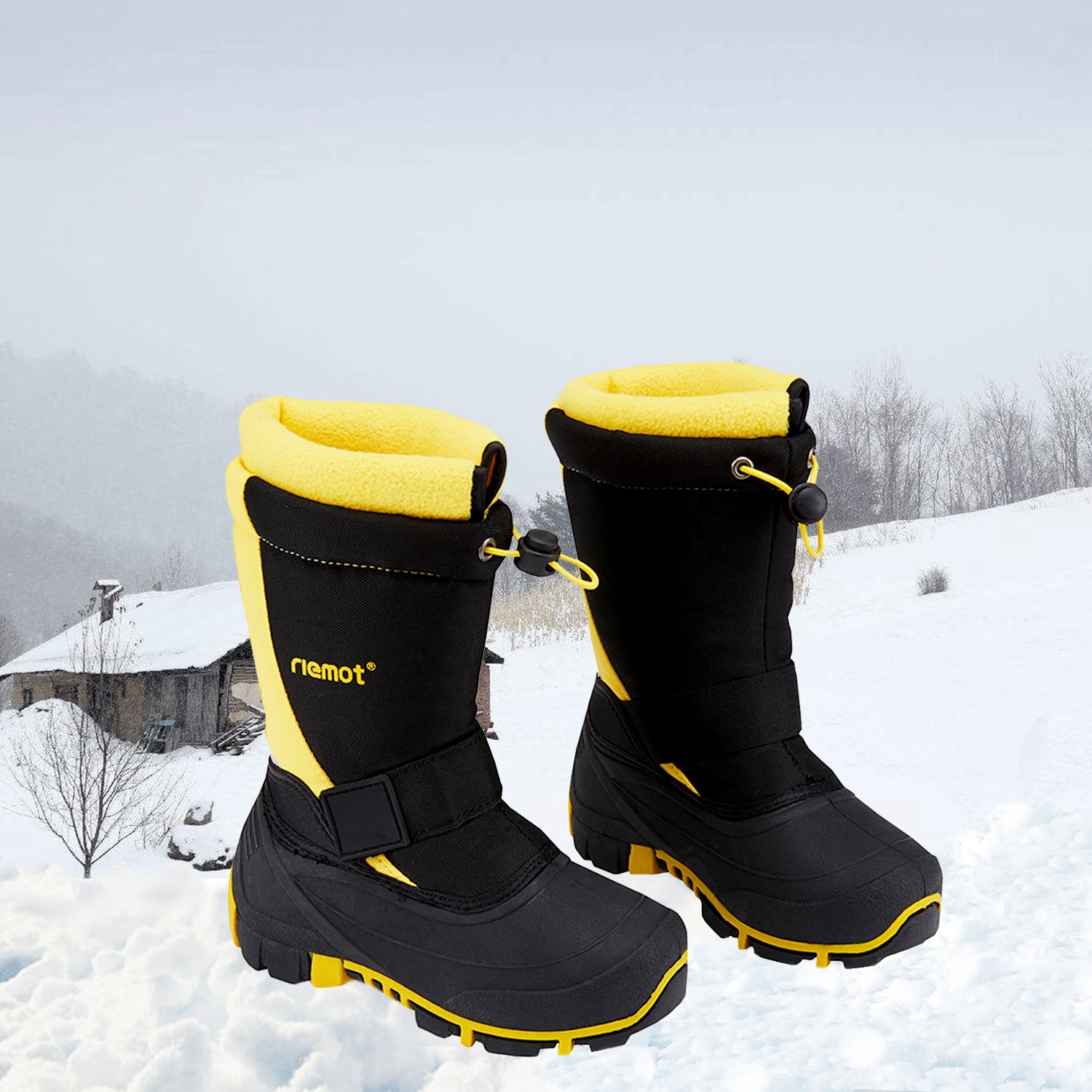 riemot Kids Snow Boots, Black Yellow, Waterproof Warm Shoes - Knixmax