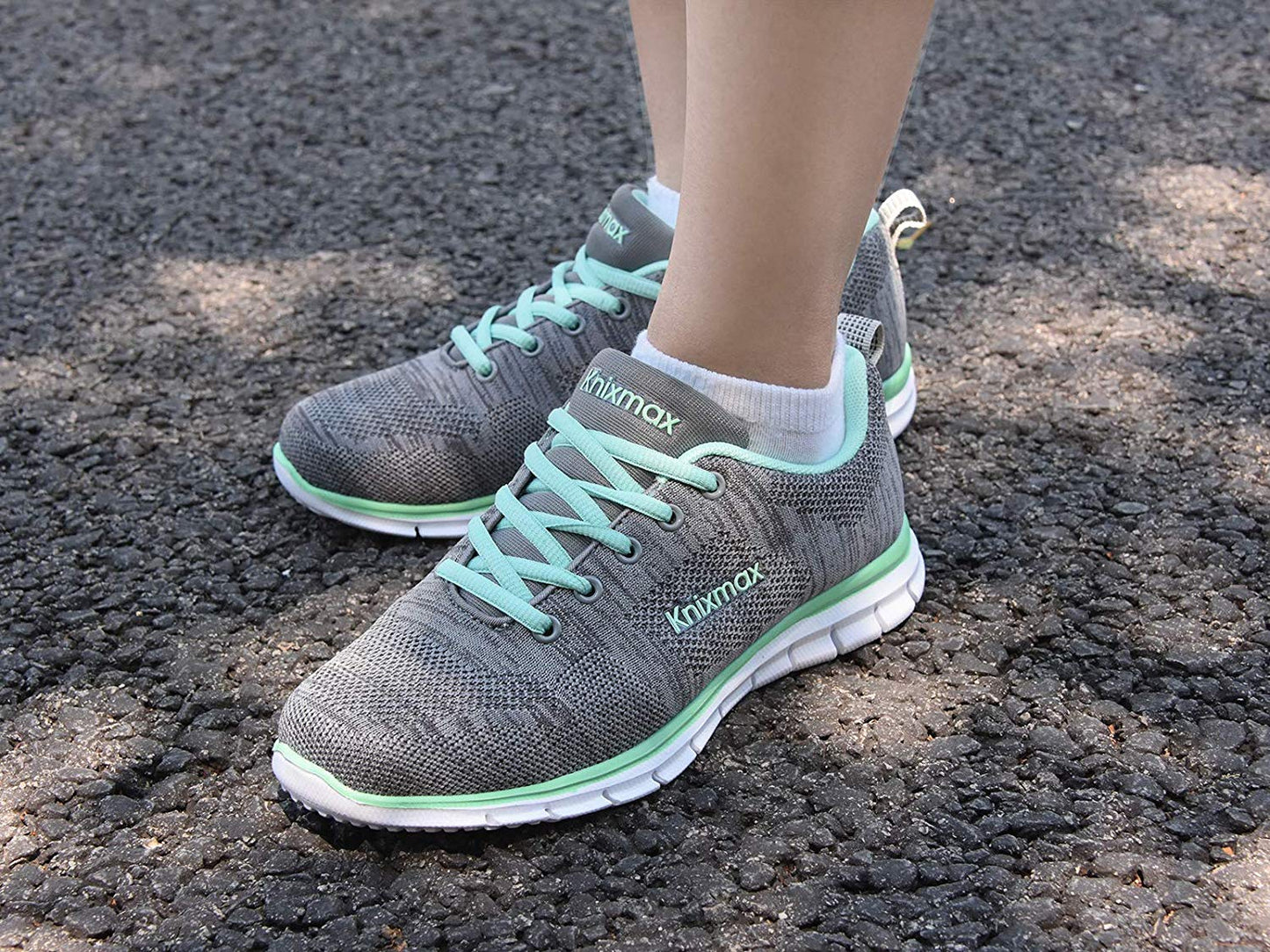 Knixmax Women's Knit Trainers, Grey Green, Lightweight, Running Gym Fitness Sports Walking Shoes - Knixmax