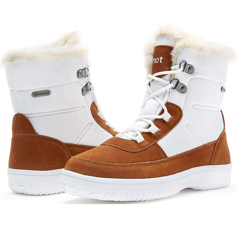 riemot Women's Snow Boots, White Brown, Full Waterproof Warm Winter Boots, Ladies Fashion Fur Lined Ankle Boots - Knixmax