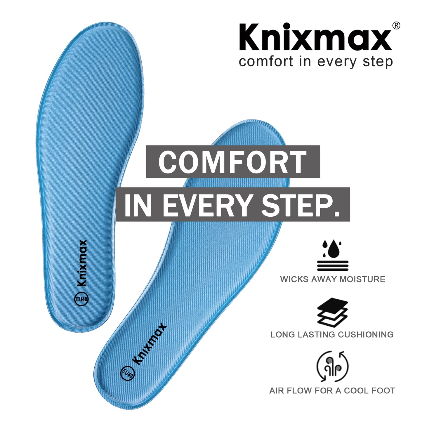 Knixmax Men & Women's Memory Foam Insoles, Blue, for Athletic Shoes & Sneakers