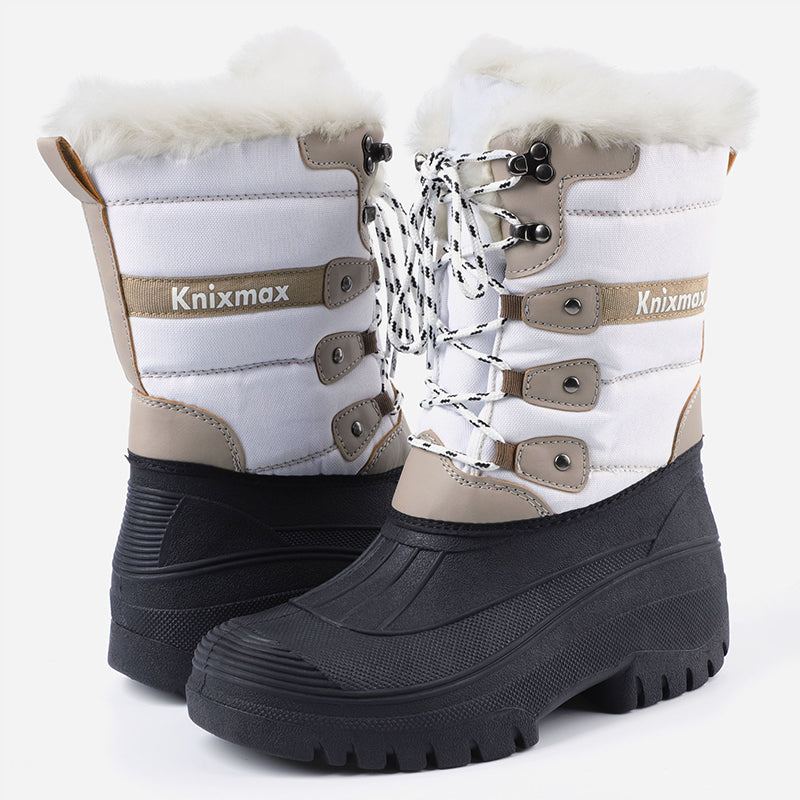 Knixmax Women's Snow Boots White Waterproof Sole Fur Lined Winter Boots(Upgraded Version)