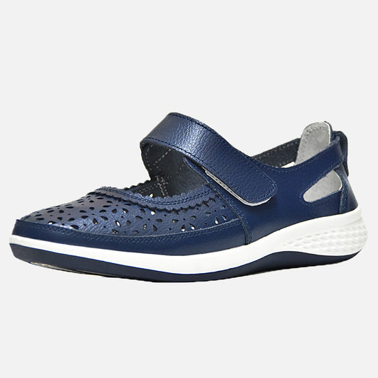 Knixmax Women's Leather Flats Loafers Mary Jane Navy Shoes - Knixmax