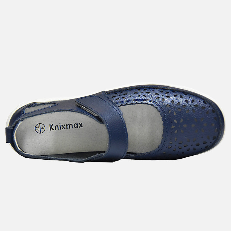 Knixmax Women's Leather Flats Loafers Mary Jane Navy Shoes - Knixmax