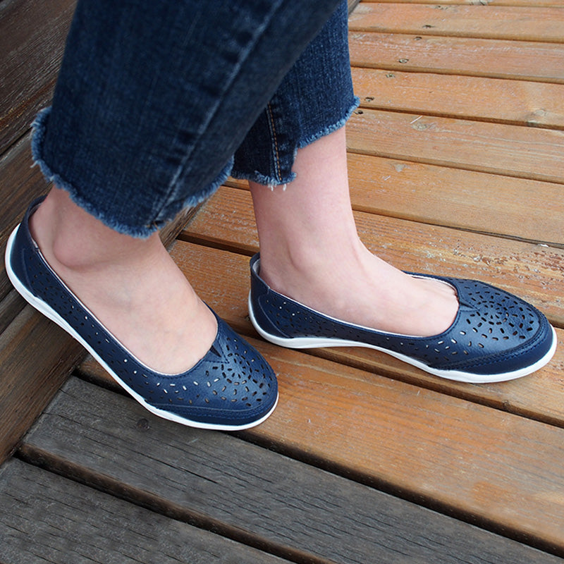 Knixmax Women's Leather Flats Loafers Navy Blue Closed Toe Sandals - Knixmax