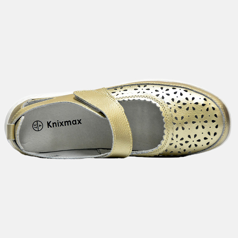 Knixmax Women's Leather Flats Loafers Mary Jane Gold Shoes - Knixmax
