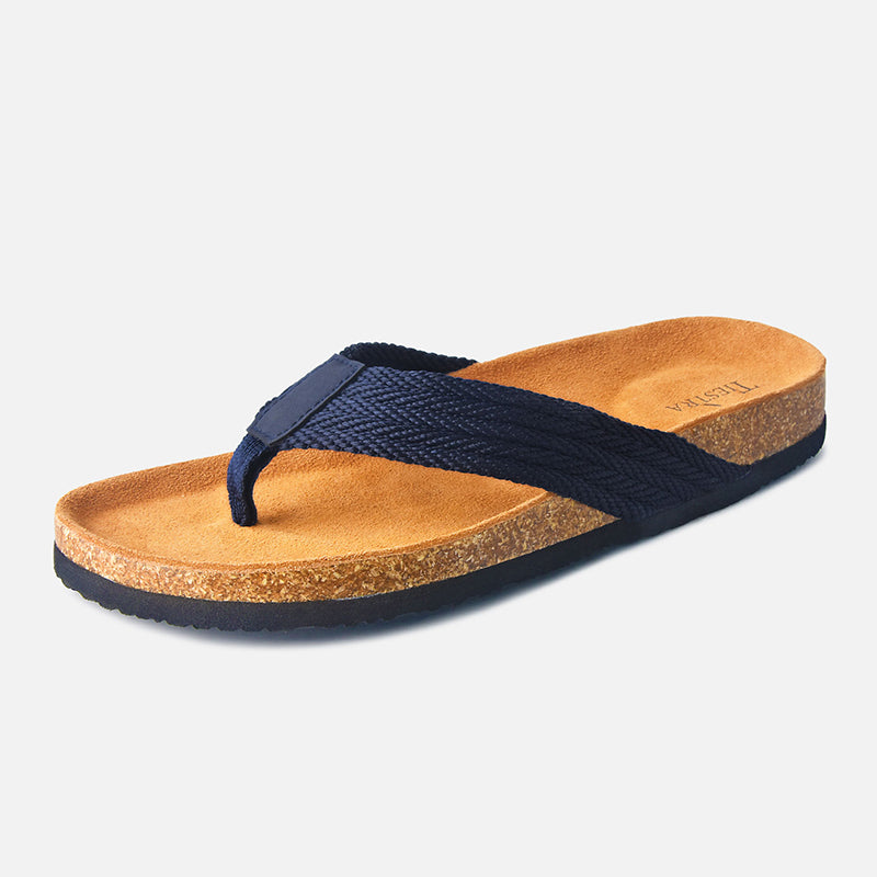 TIESTRA Cork Vegan Unisex Flip Flops with Comfortable Footbed, Casual Summer Sandals Navy