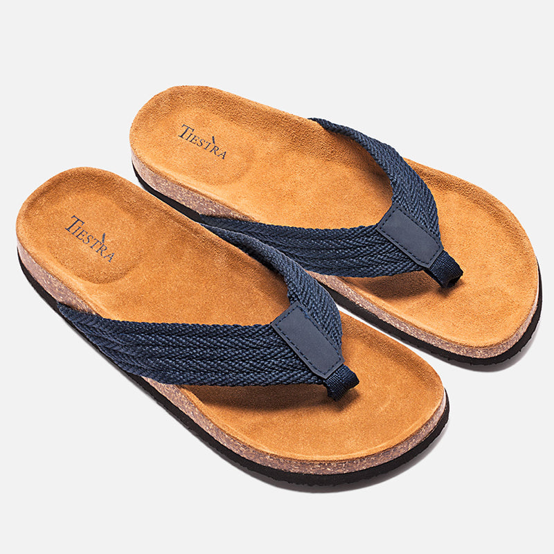 TIESTRA Cork Vegan Unisex Flip Flops with Comfortable Footbed, Casual Summer Sandals Navy