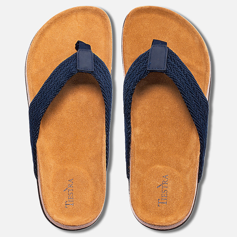 TIESTRA Cork Vegan Unisex Flip Flops with Comfortable Footbed, Casual Summer Sandals Navy