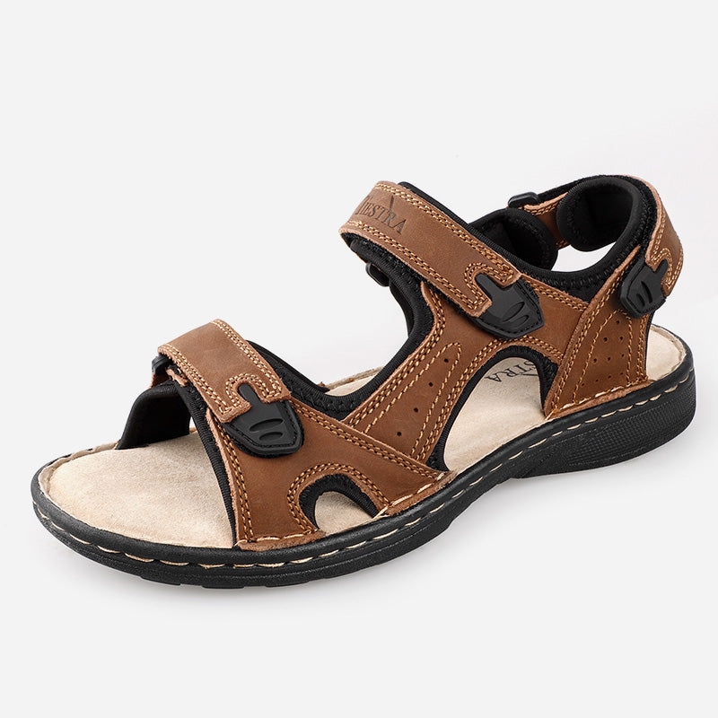 TIESTRA Men's Leather Sandals Wide Fit Summer Casual Beach Sandals for Outdoor & Indoor