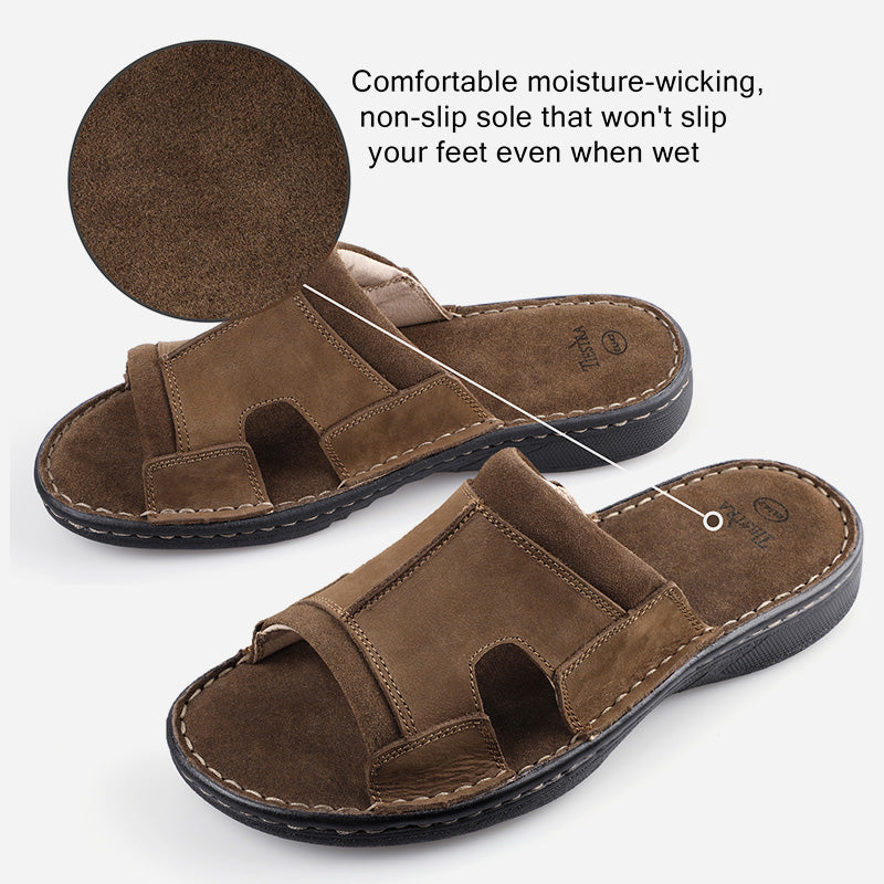 TIESTRA Men's Leather Slippers Wide Fit Summer Casual Beach Sandals for Outdoor & Indoor