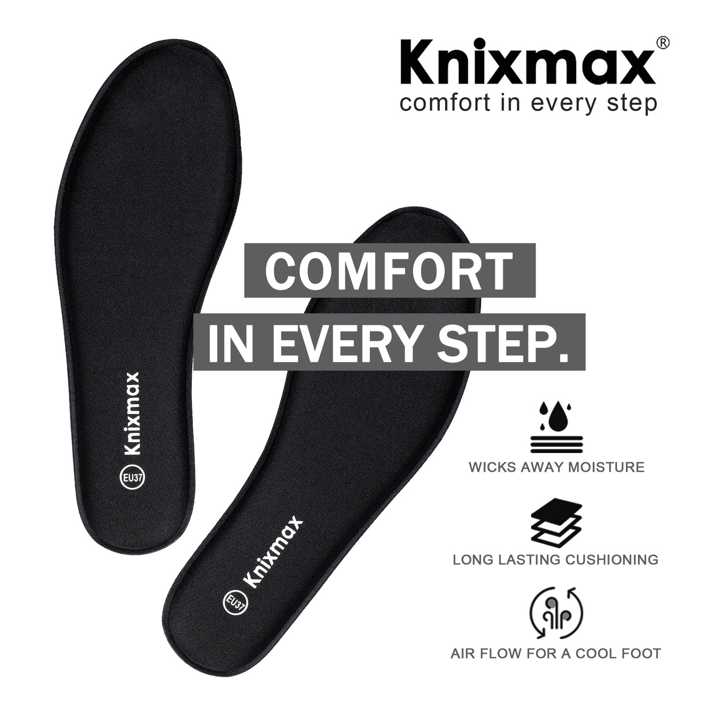 Knixmax Men's Memory Foam Insoles, Black, for Athletic Shoes & Sneakers